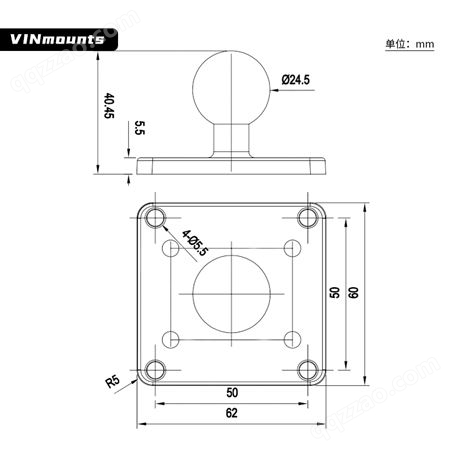 VINmounts®孔距50x50mm四孔方形工业球头底座适配1”球头“B”尺寸